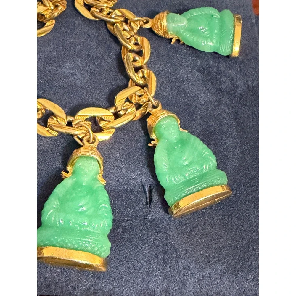 Vintage Goldtone Charm Bracelet w/ 5 Peking Glass Jade Green Buddha Charms